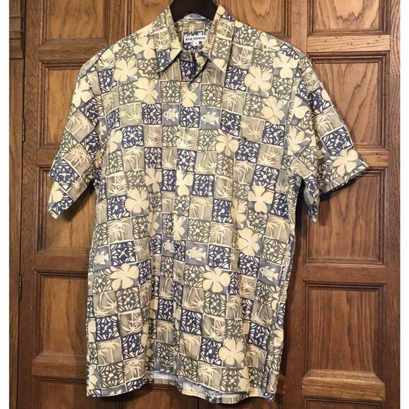 Via Veneto Men's M Hawaiian Shirt Short Sleeve Button Up Blue & Tan Cotton Korea - Picture 2 of 9